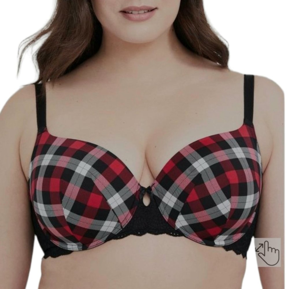 Torrid Curve Plaid Microfiber T-Shirt Bra Womens 40C Red Lace Underwire Lace